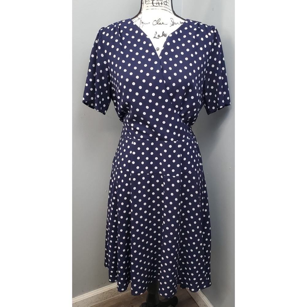 Rabbit Wrap Dress Womens 12 Navy White Polka Dot Lined Swing Hem Tie Back Zip